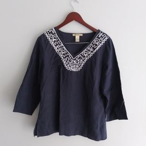 Ecologie navy blue linen embroidered blouse shirt top Size L